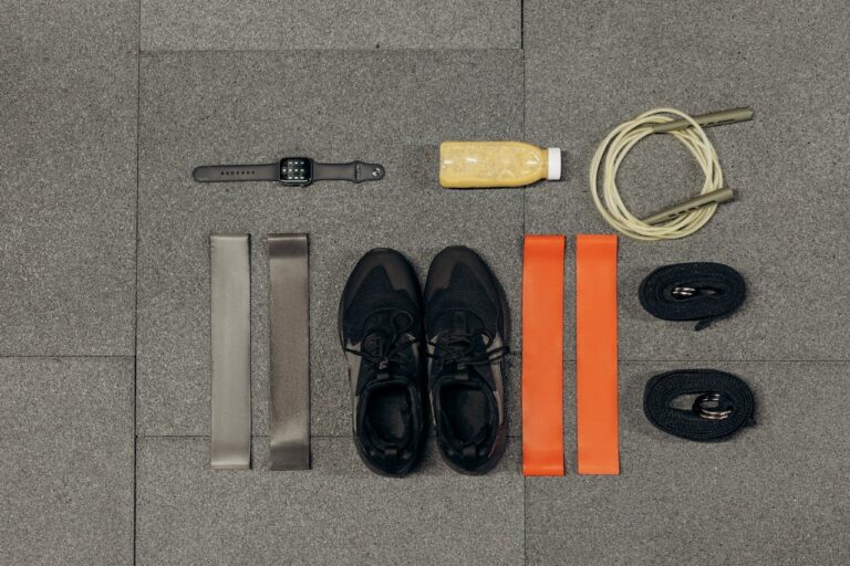 Image of strength training shoes and exercise bands.